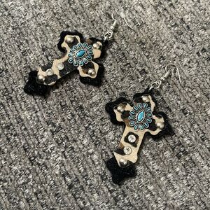 Black and Tan Cross Earrings with Turquoise Accents